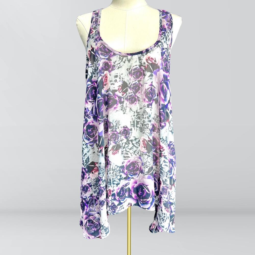 Tramp Floral Semi Sheer Racerback Long Swing Tank Top